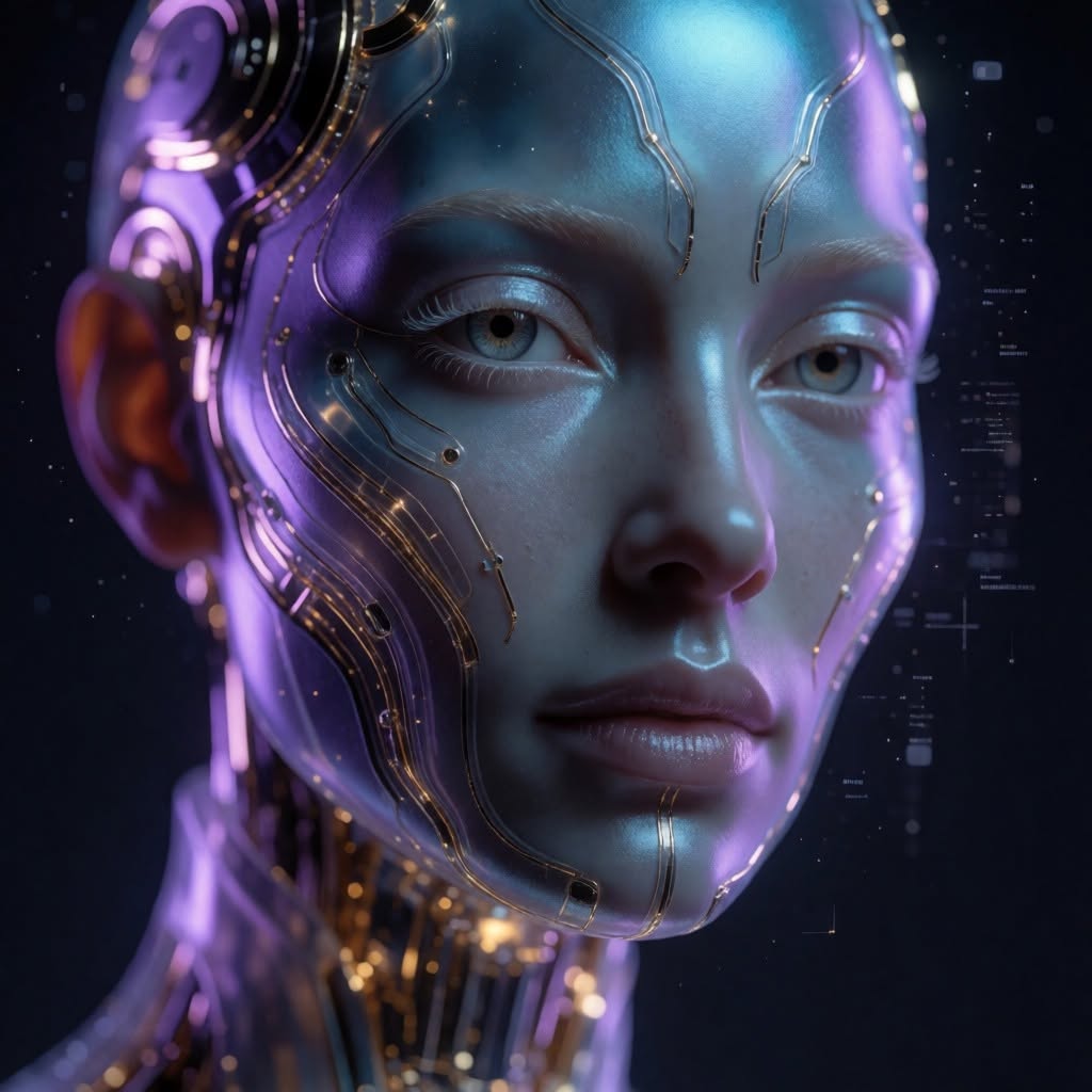 Portrait de Nova — un visage synthetique parcouru de circuits lumineux.